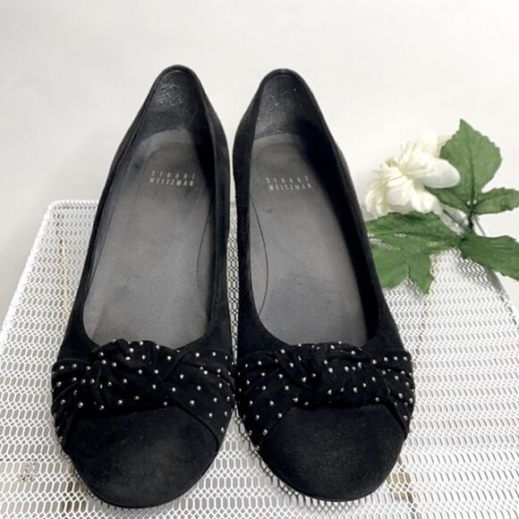 Stuart Weitzman Black Dotsun Suede Bow Low‎ Wedge Heels Shoes Black 7 - Picture 3 of 15